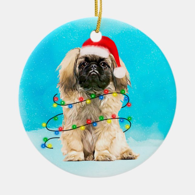 Pekingese Hund Sitta i Snö julhatt Ljus Julgransprydnad Keramik (Framsidan)