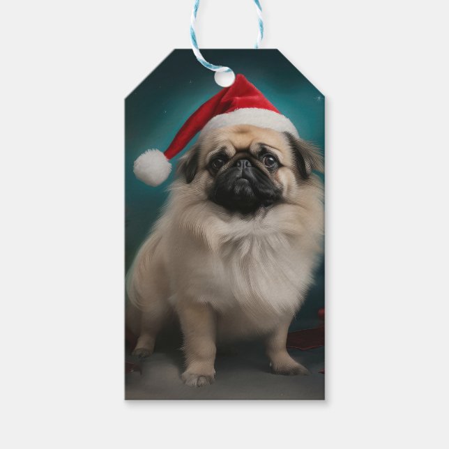 Pekingese Hund under julen i Snö Presentetikett (Framsidan)