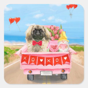 Pekingese Hund Valentindagen Lastbil Hearts Fyrkantigt Klistermärke