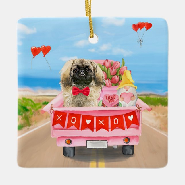 Pekingese Hund Valentindagen Lastbil Hearts Julgransprydnad Keramik (Framsida)
