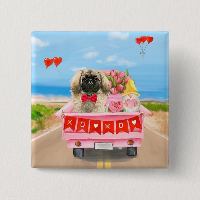 Pekingese Hund Valentindagen Lastbil Hearts Knapp (Framsida)