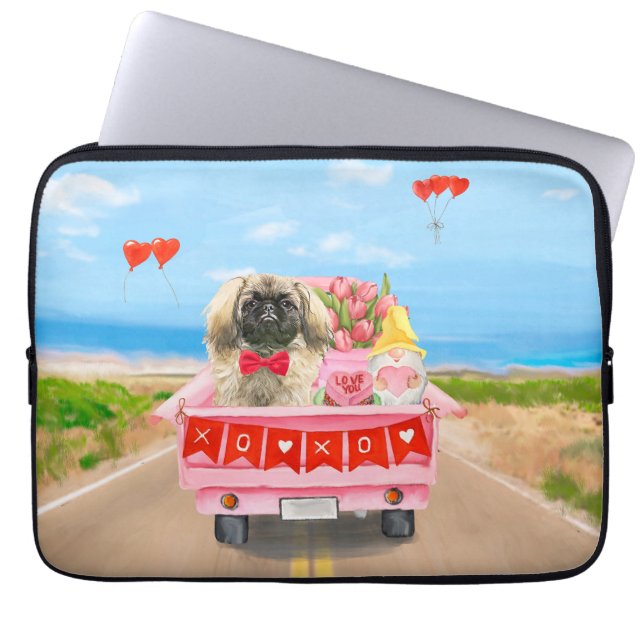 Pekingese Hund Valentindagen Lastbil Hearts Laptop Fodral (Framsidan)
