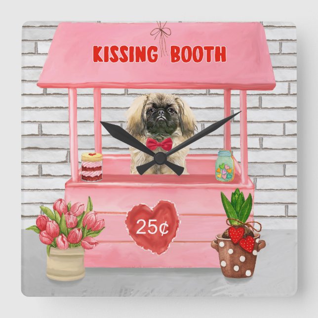 Pekingese Hund Valentine Day Kissing Booth Fyrkantig Klocka (Framsida)