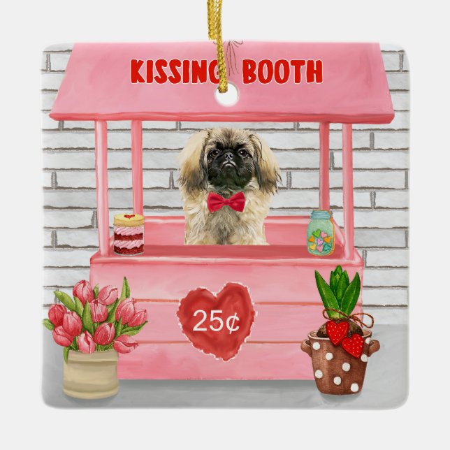 Pekingese Hund Valentine Day Kissing Booth Julgransprydnad Keramik (Framsida)
