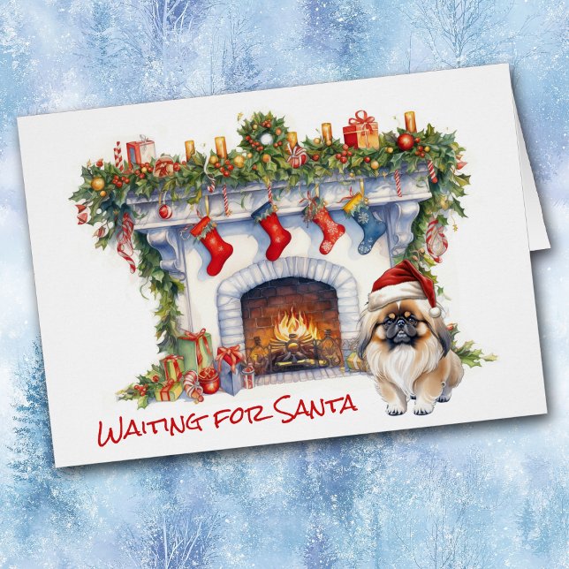 Pekingese Hund Vänta på Santa Fireplace Hälsningskort (Skapare uppladdad)