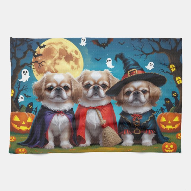Pekingese Hundar Pumpkin Halloween Funny Kökshandduk (Horisontell)