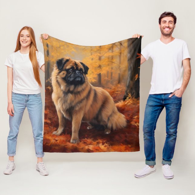 Pekingese i Höst löv Fall Inspire Fleecefilt (På plats)