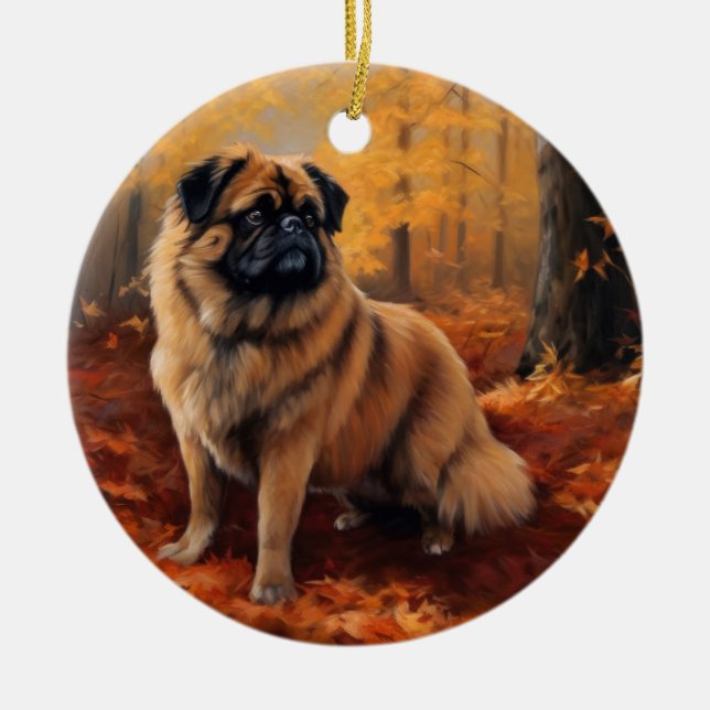 Pekingese i Höst löv Fall Inspire Julgransprydnad Keramik (Framsidan)