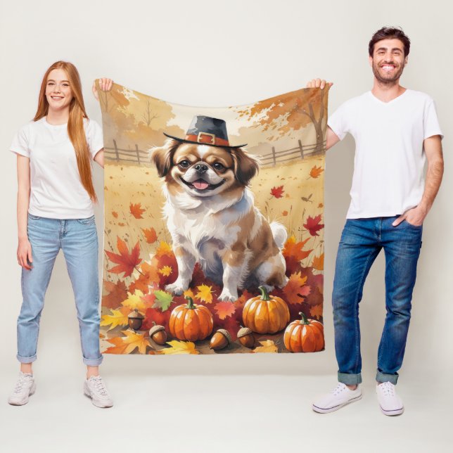 Pekingese in Höst löv Thanksgiving Art Fleecefilt (På plats)