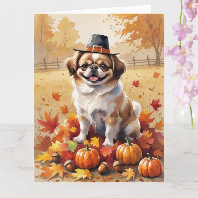 Pekingese in Höst löv Thanksgiving Art Kort (Orkide)