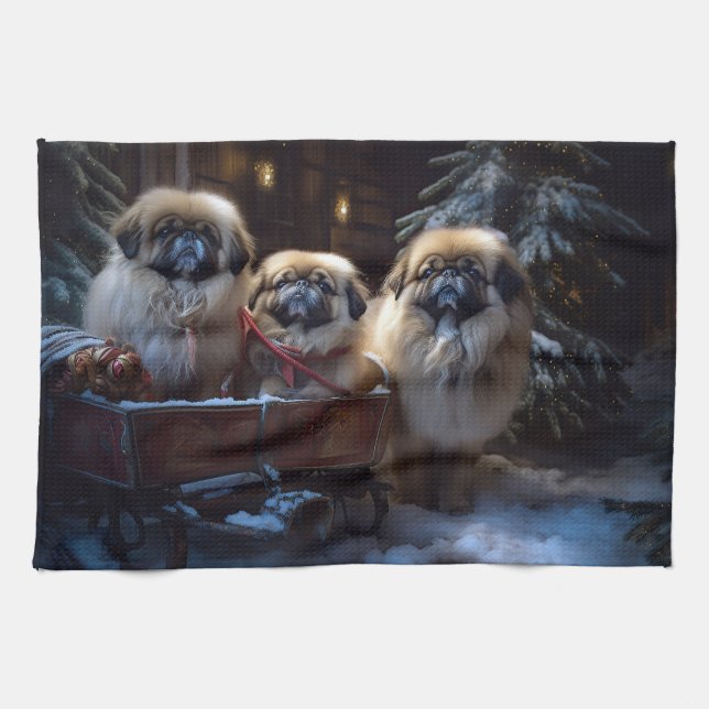 Pekingese jul - helgsäsong kökshandduk (Horisontell)