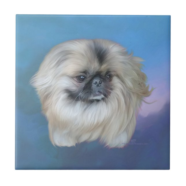 Pekingese Lily på Blue Kakelplatta (Framsidan)