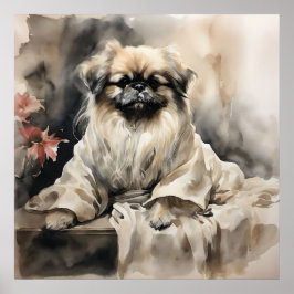 Pekingese Lounging i Silke Robe Bläck Teckning Poster