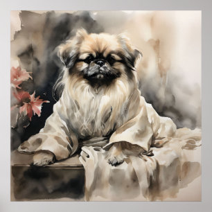 Pekingese Lounging i Silke Robe Bläck Teckning Poster