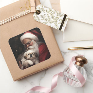 Pekingese med Jultomten i julafton Fyrkantigt Klistermärke