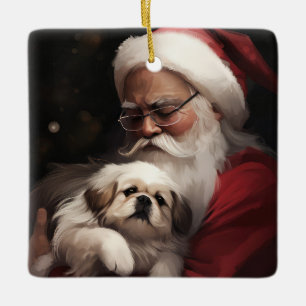 Pekingese med Jultomten i julafton Julgransprydnad Keramik