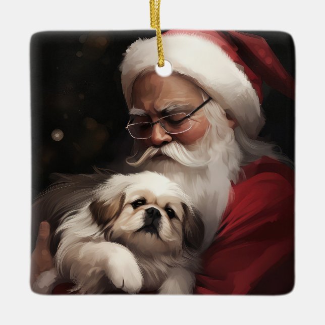 Pekingese med Jultomten i julafton Julgransprydnad Keramik (Framsida)