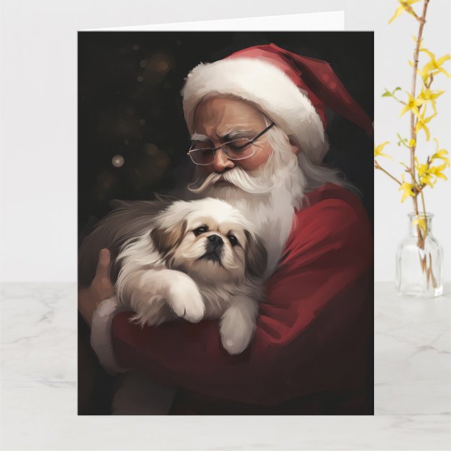 Pekingese med Jultomten i julafton Kort (Gul blomma)