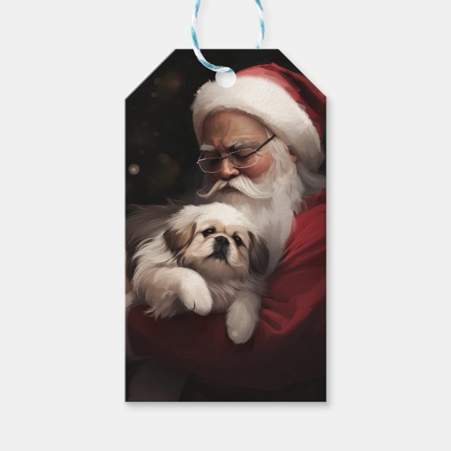 Pekingese med Jultomten i julafton Presentetikett (Framsidan)