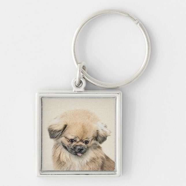 Pekingese Painting - Cute Original Hund Art Fyrkantig Silverfärgad Nyckelring (Framsidan)