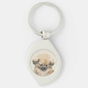 Pekingese Painting - Cute Original Hund Art Swirl Silverfärgad Nyckelring