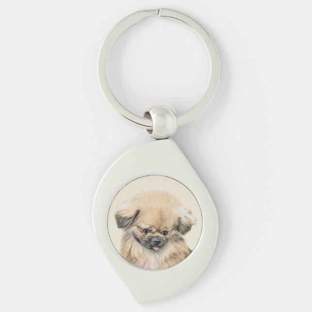 Pekingese Painting - Cute Original Hund Art Swirl Silverfärgad Nyckelring (Framsidan)