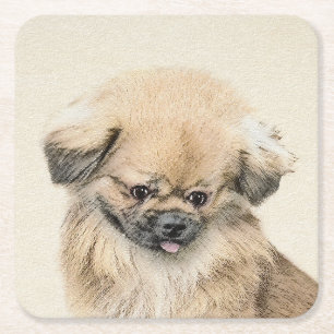 Pekingese Painting - Cute Original Hund Art Underlägg Papper Kvadrat