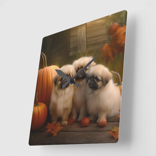 Pekingese Puppy Autumn Delight Pumpkin Fyrkantig Klocka (Vinkel)