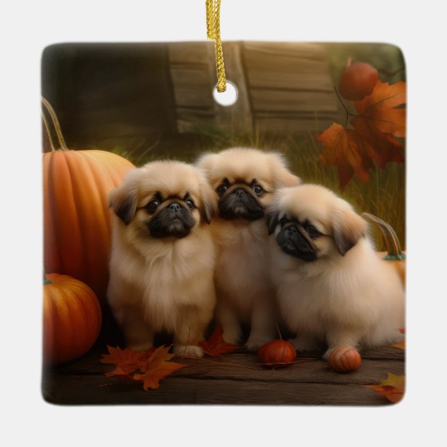 Pekingese Puppy Autumn Delight Pumpkin Julgransprydnad Keramik (Framsida)