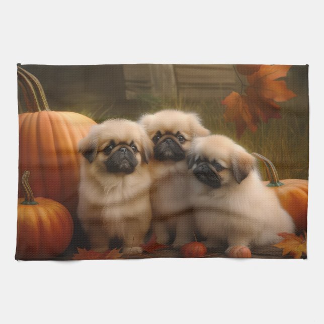 Pekingese Puppy Autumn Delight Pumpkin Kökshandduk (Horisontell)