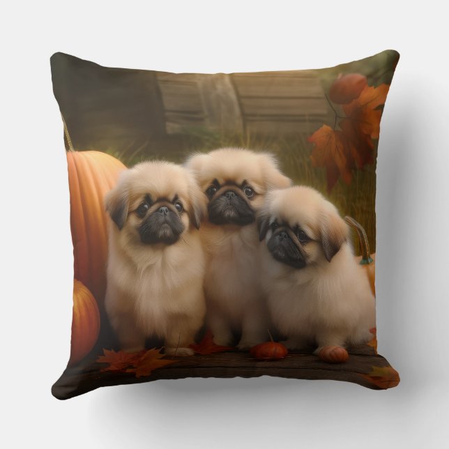 Pekingese Puppy Autumn Delight Pumpkin Kudde (Baksida)