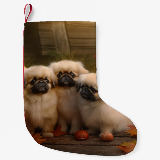 Pekingese Puppy Autumn Delight Pumpkin Liten Julstrumpa (Framsidan)