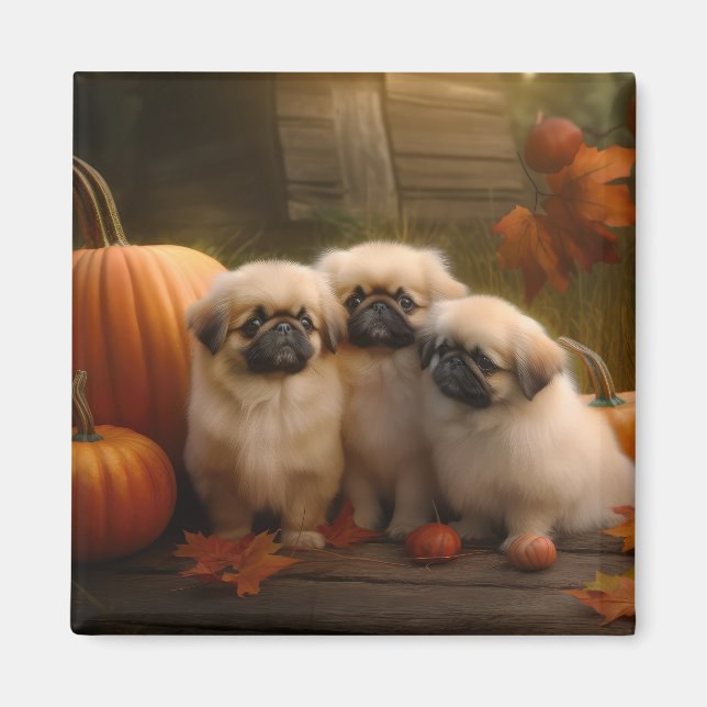 Pekingese Puppy Autumn Delight Pumpkin Magnet (Framsidan)