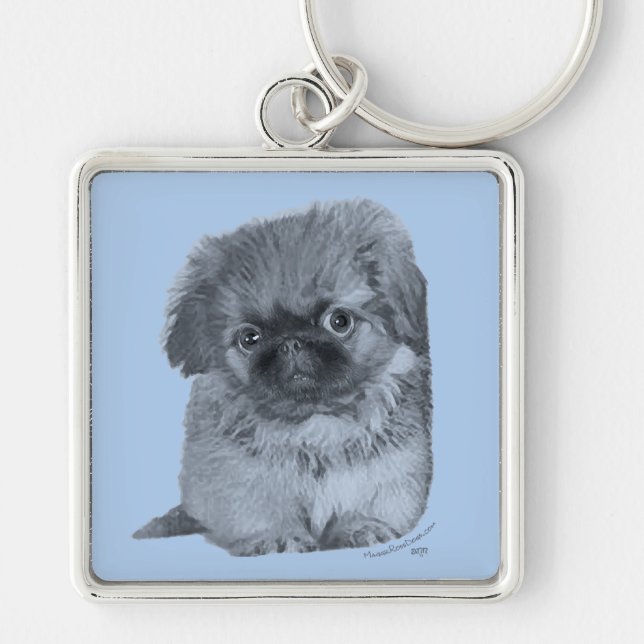 Pekingese Puppy Blue Fyrkantig Silverfärgad Nyckelring (Framsidan)