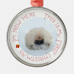 Pekingese Puppy Första jul Julgransprydnad Metall