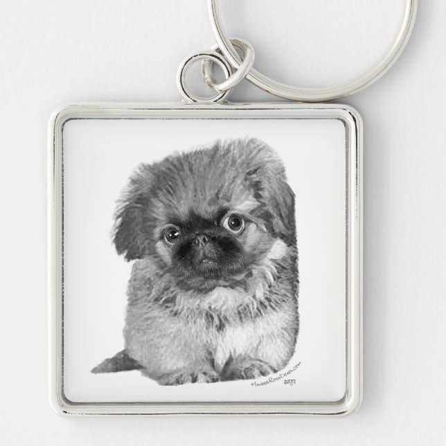 Pekingese Puppy Fyrkantig Silverfärgad Nyckelring (Framsidan)