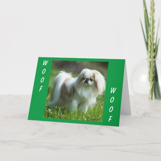 Pekingese Says WOOF WOOF (grattis på födelsedagen) Kort (Framsida)