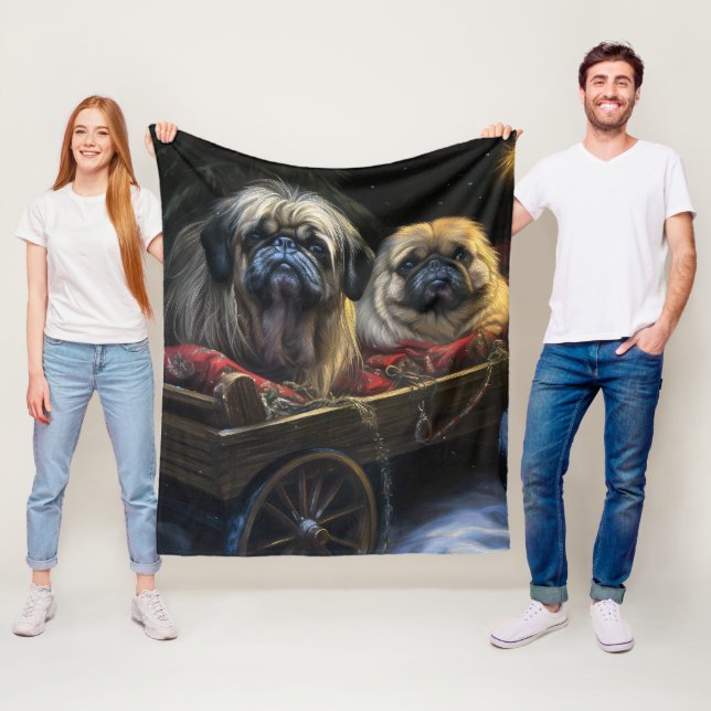 Pekingese Snowy Sleigh-juldekretet Fleecefilt (På plats)