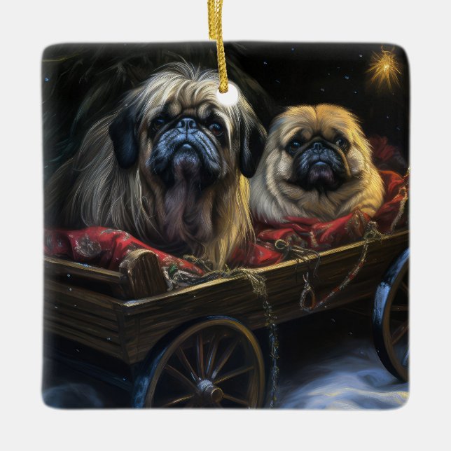 Pekingese Snowy Sleigh-juldekretet Julgransprydnad Keramik (Framsida)