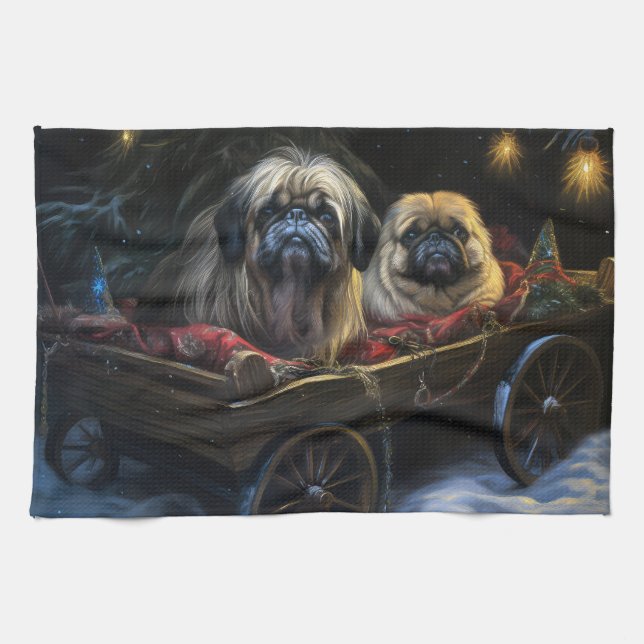 Pekingese Snowy Sleigh-juldekretet Kökshandduk (Horisontell)