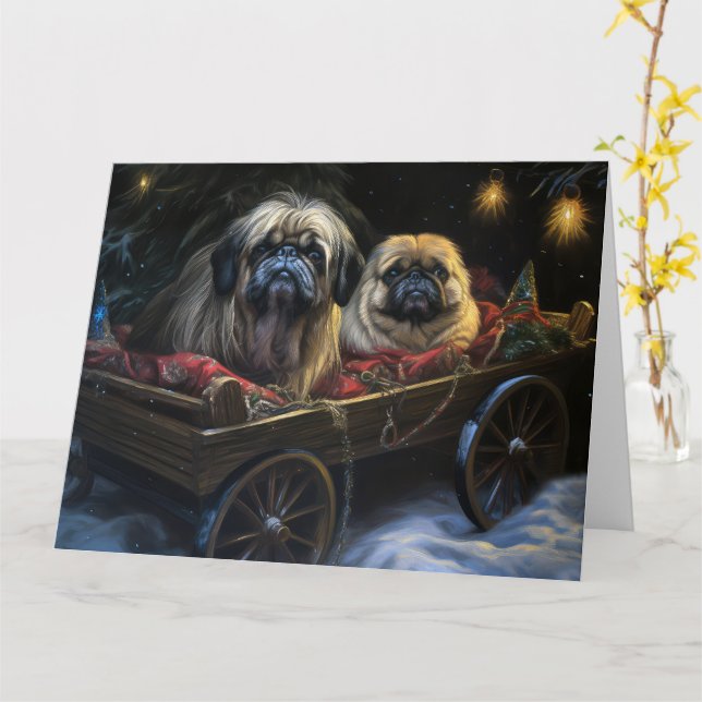 Pekingese Snowy Sleigh-juldekretet Kort (Gul blomma)
