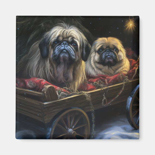 Pekingese Snowy Sleigh-juldekretet Magnet (Framsidan)