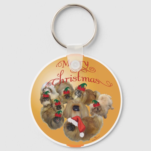 Pekingeser Grupp Ornament Nyckelring (Framsida)