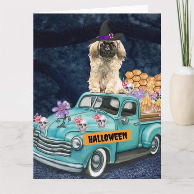 Pekingeser Hund Halloween Lastbil Skräcknatt  Kort (Framsida)
