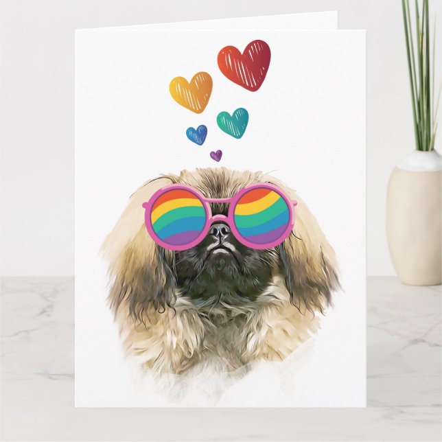 Pekingeser Hund med Hjärtan Alla Hjärtans Dag Kort (Framsida)