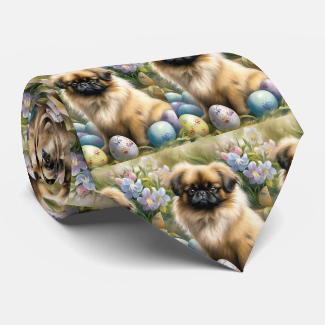 Pekingeser Hund med Påskägg Semester Slips (Rullad)