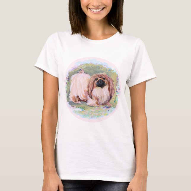 Pekingeser Hund Snygg i Rosa Tee Shirt (Framsida)