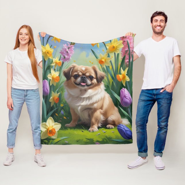 Pekingeser Hund Vårblommor Målning  Fleecefilt (På plats)