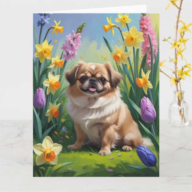 Pekingeser Hund Vårblommor Målning  Kort (Gul blomma)
