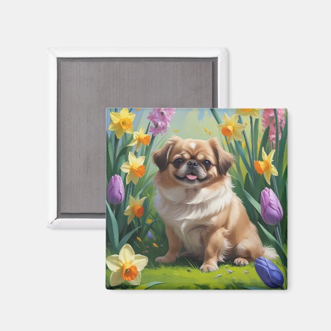 Pekingeser Hund Vårblommor Målning  Magnet (Front/Back)